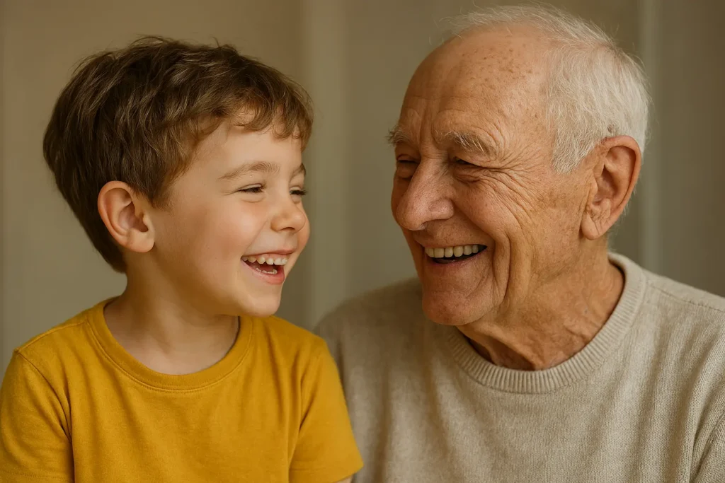 un enfant et un senior qui rient ensemble